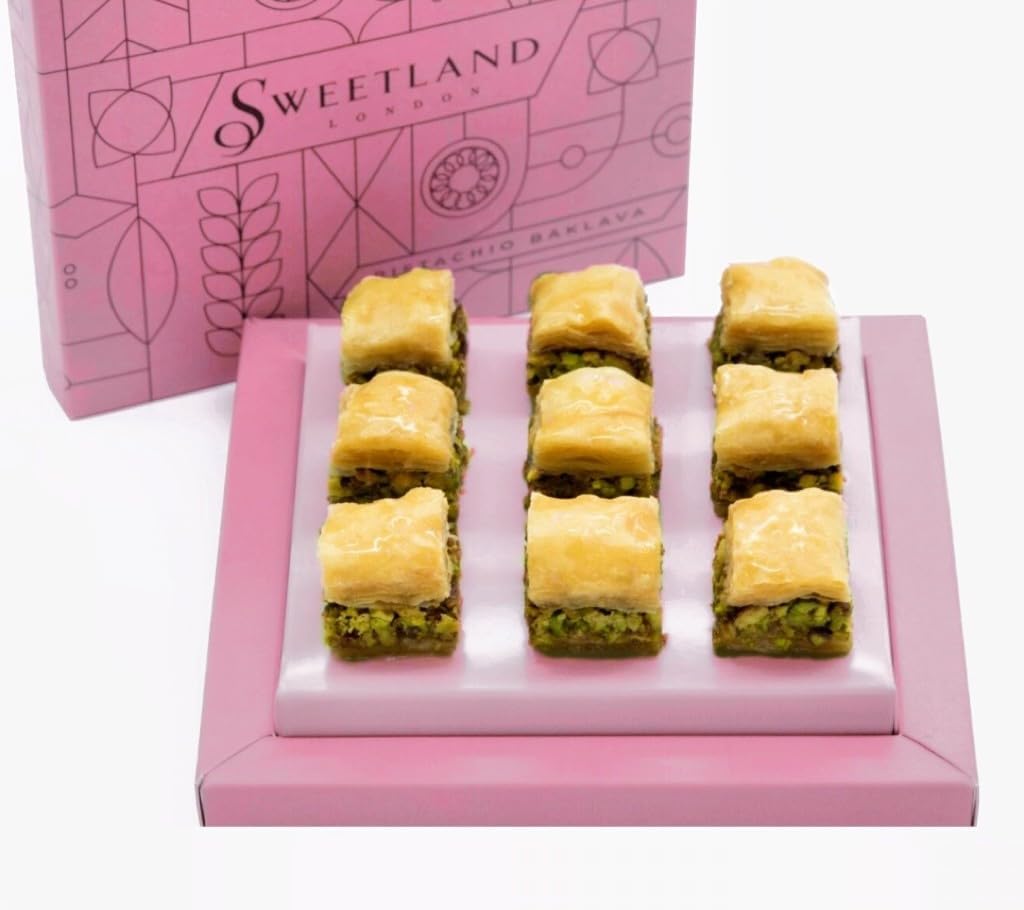 Sweetland London Pistachio Baklava Bite Selection – 9 Pieces | Fresh Handmade Traditional Lebanese Baklava | UK Made | Tin Gift Box | Present for Ramadan, Mother's Day, Easter, Eid & Birthday