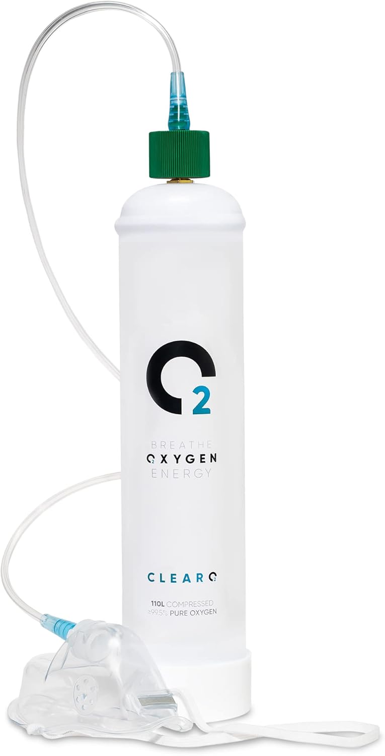ClearO2 110L Oxygen Cylinder with Valve, Mask and Tube | Pure Breathing Oxygen in a Lightweight Disposable Steel Canister | Made in Britain