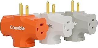 3-Outlet Adapter, 3 Prong Plug Extender, Heavy-Duty Grounded Power Tap 3 Way Splitter Adapter, Electric Outlet Expander Sideways, Multiple Colors, T-Shape Design, ETL Listed, Orange/White/Grey, 3 Pack