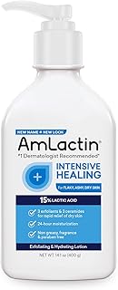 AmLactin Intensive Healing Body Lotion for Dry Skin – 14.1 oz Pump Bottle – 2-in-1 Exfoliator & Moisturizer with Ceramides & 15% Lactic Acid for Relief from Dry Skin (Packaging May Vary)
