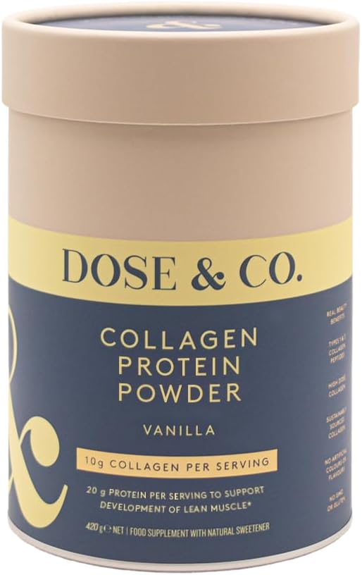 Dose & Co Collagen Protein Powder - Vanilla, 420g | Hydrolysed Type I & III Collagen Peptides with 20g Whey Protein per Serving | Gluten Free, Non-GMO | Hair, Skin, Nails & Muscle Support