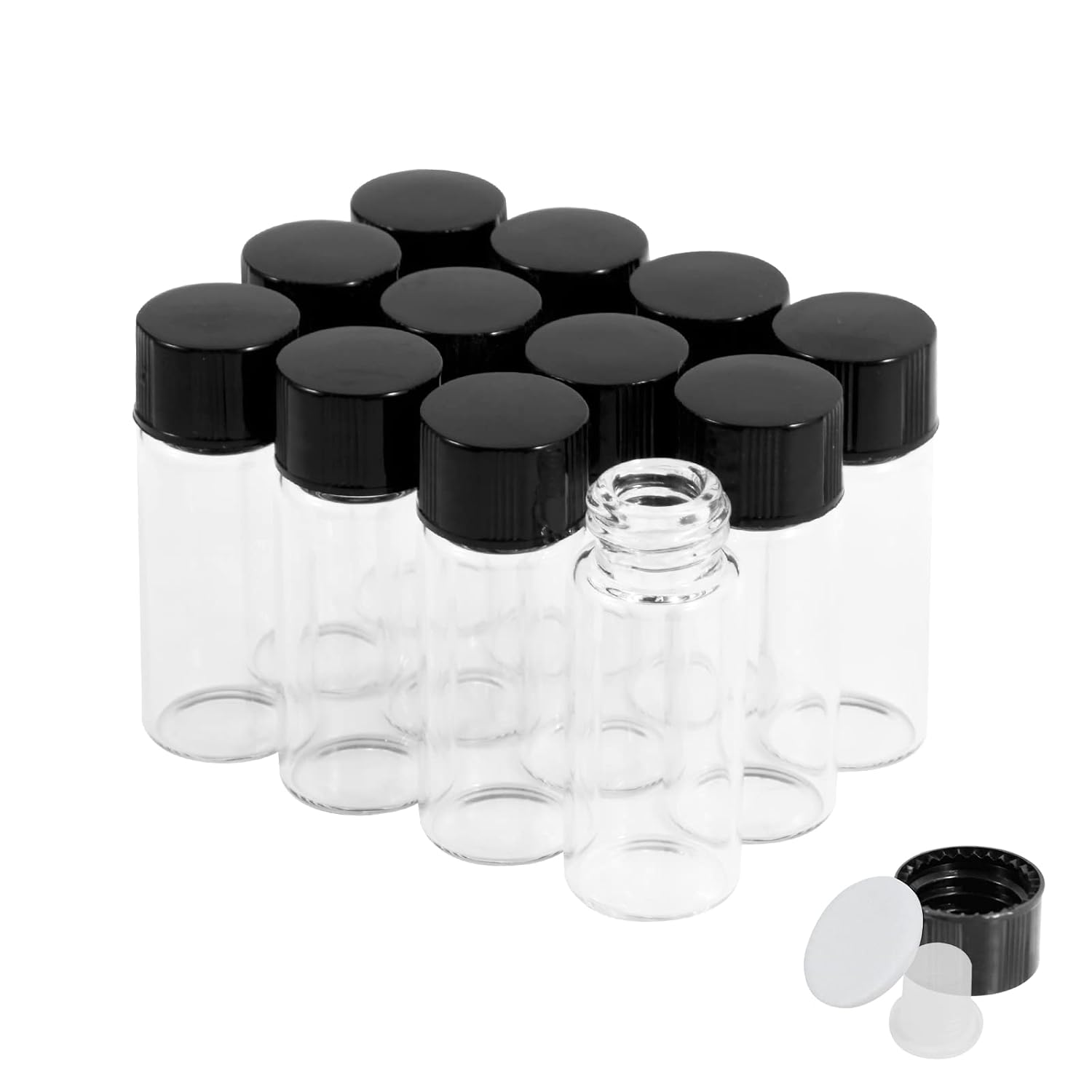 4ml Clear Glass Vials with Screw Caps and Plastic Stoppers, 1 Dram Small Liquid Sample Vial, Leak-Proof Vial, 12PCS