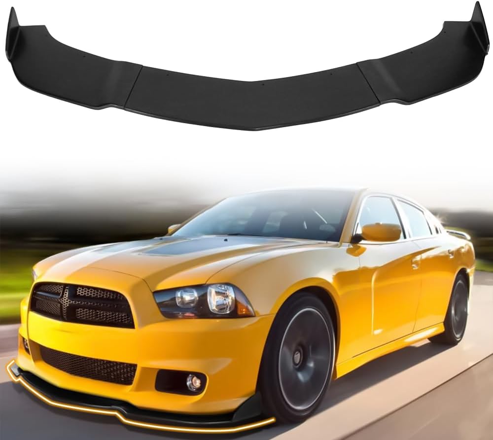 Front Bumper Lip Spoiler, Compatible with 2012-2014 Dodge Charger SRT8, PU Black Ikon Style Add-on Front Splitter Air Dam Chin Protector, 3 Pieces