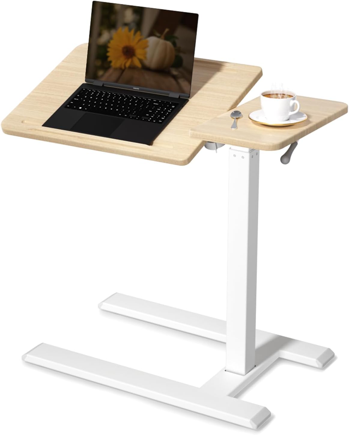 SIHOO D01 Medical Adjustable Tilt Overbed Bedside Table with Wheels Pneumatic Mobile Standing Laptop Desk Rolling Computer Cart Movable Bed Hospital Home Use （White Oak）