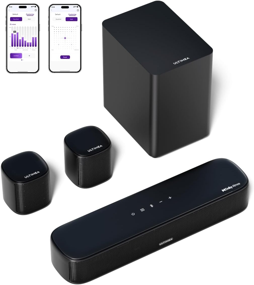 ULTIMEA 5.1ch Sound Bar w/Dolby Atmos, Surround Sound System for TV, App Control, Home Theater Sound System, TV Soundbar with Subwoofer, 2 Surround Speakers, HDMI eARC/OPT/AUX/BT, Aura A50 Pro