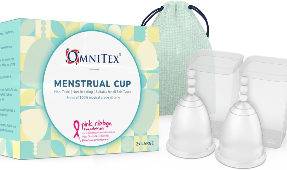 2pk Omnitex Menstrual Cups for Breast Cancer | 100% Pure Medical Grade Silicone | Safe Eco-Friendly Tampon & Pad Alternative | Non-Toxic ISO10993 Tested | BPA & Latex-Free, Pack of 2X Large Cups