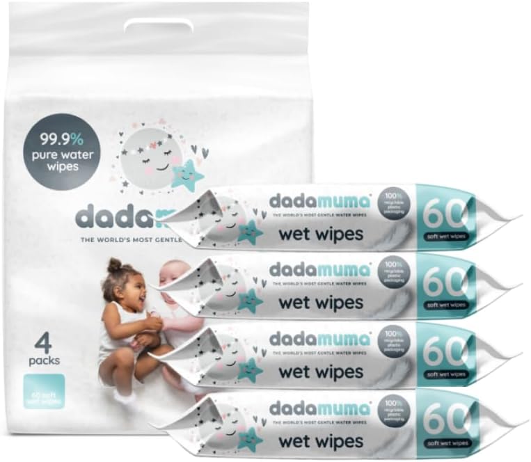 Dadamuma - 99.9% Pure Water Baby Wipes (4 x 60 Wipes), Gentle with Newborn Skin, Natural Ingredients, Allergy UK Approved, Plastic-Free, Biodegradable, Eco-Friendly