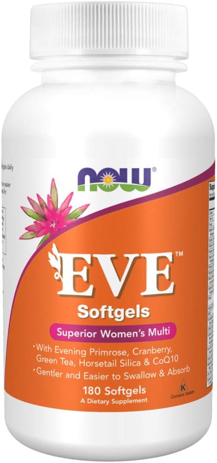 NOW Foods Supplements, Eve™ Women's Multivitamin with Evening Primrose, Cranberry, Green Tea, Horsetail Silica & CoQ10, 180 Softgels