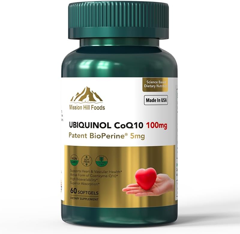 Premium Ubiquinol CoQ10 + BioPerine (100mg) | Antioxidant for Heart Health (1 Bottle-60 Softgels-2mo Supply) | High Absorption Heart & Vascular Vitamins | Non-GMO & Gluten Free