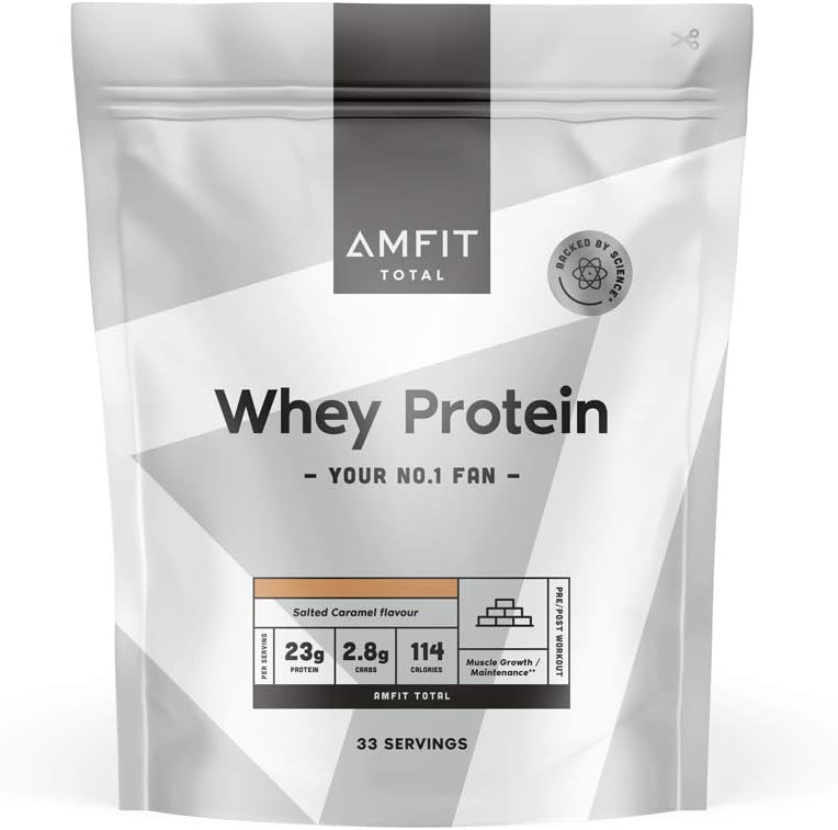 Amazon Brand - Amfit Nutrition Whey Protein Powder, Salted Caramel Flavour, 33 Servings, 1 kg (Pack of 1)