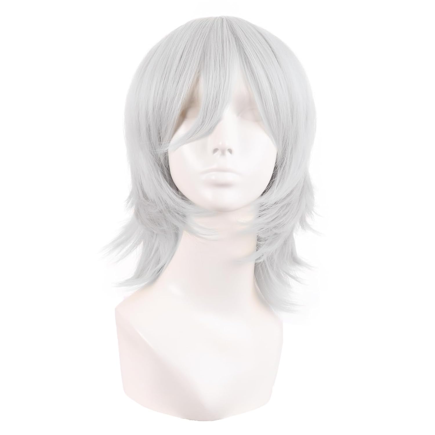 MapofBeauty 14 Inch/35 cm Short Cosplay Wolf Tail Synthetic Side Bangs Party Wig (Silver)