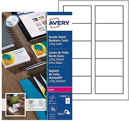 Avery C32016-25 Printable Double-Sided Satin Finish Business Cards for Laser Printers, 10 Cards Per A4 Sheet, White