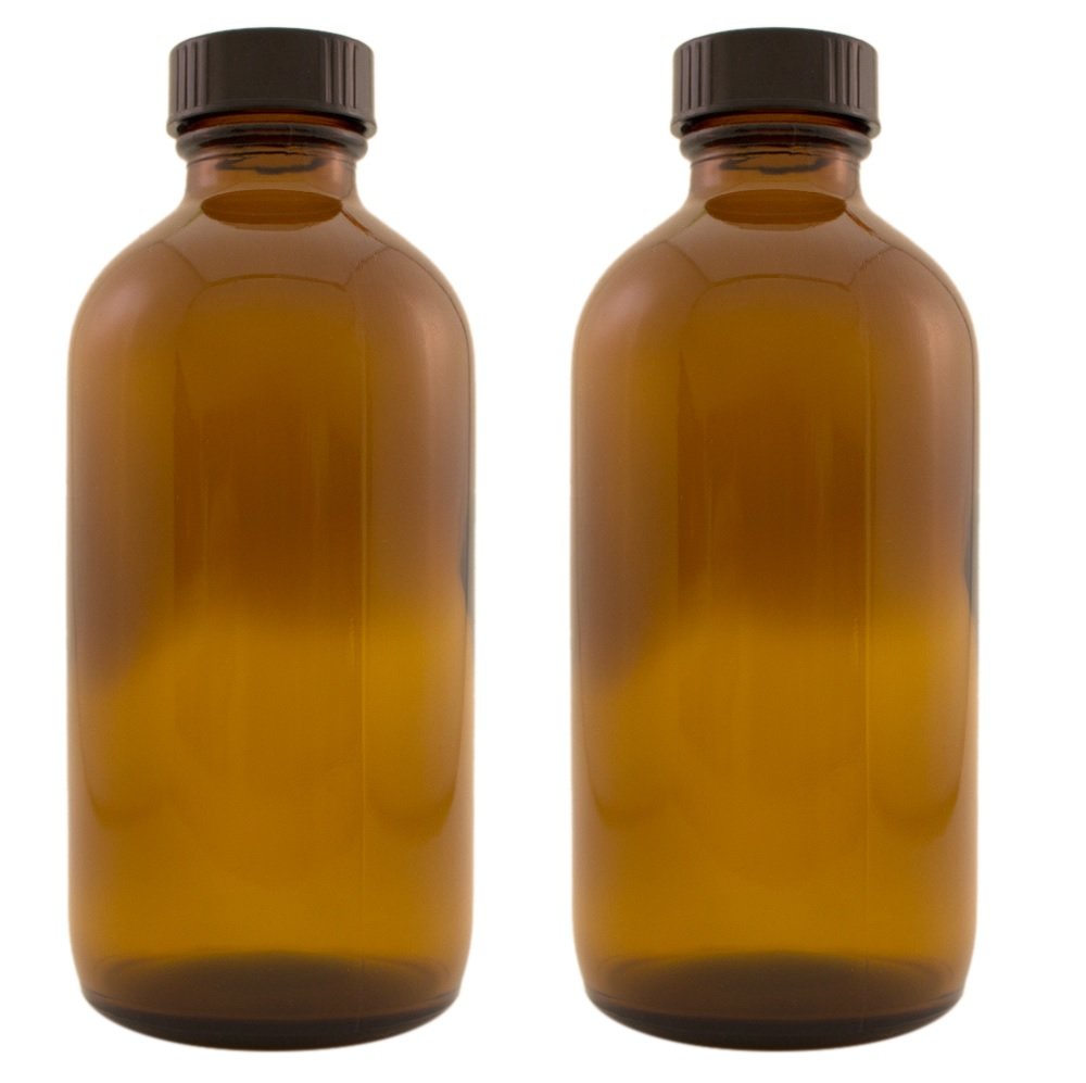 GreenHealth 8 oz Amber Glass Bottles with Black Phenolic Lids – Pack of 2 – Refillable Boston Round Bottles for Essential Oils, Tinctures, Serums, and Lab Use