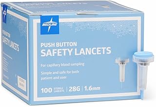 Medline Sterile Safety Lancets, Push-Button Activation, Blood Glucose Testing, Controlled Penetration, 28G x 1.6 mm, 100 Count