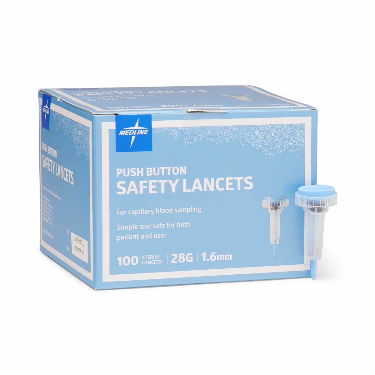 Medline Sterile Safety Lancets, Push-Button Activation, Blood Glucose Testing, Controlled Penetration, 28G x 1.6 mm, 100 Count