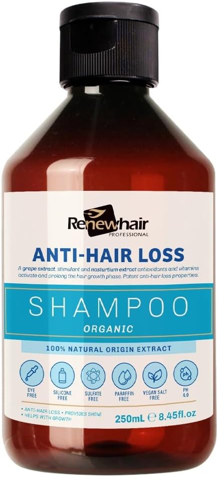 Renew Hair Professional Organic Anti-Hair Loss Shampoo (250ml) | Grape Extract, Nasturtium, Rosemary & Chamomile | Vegan, Salt-Free, Natural Hair Regrowth Treatment