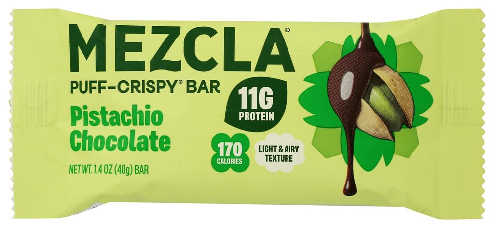 Mezcla Puff Crispy Protein Bars, Gluten Free & Vegan Protein Bars, 10g Protein, Alt for Crispy Rice Treat, Granola Bars & Breakfast Bars, Healthy Snacks for Adults, Pistachio Chocolate, 1 Count