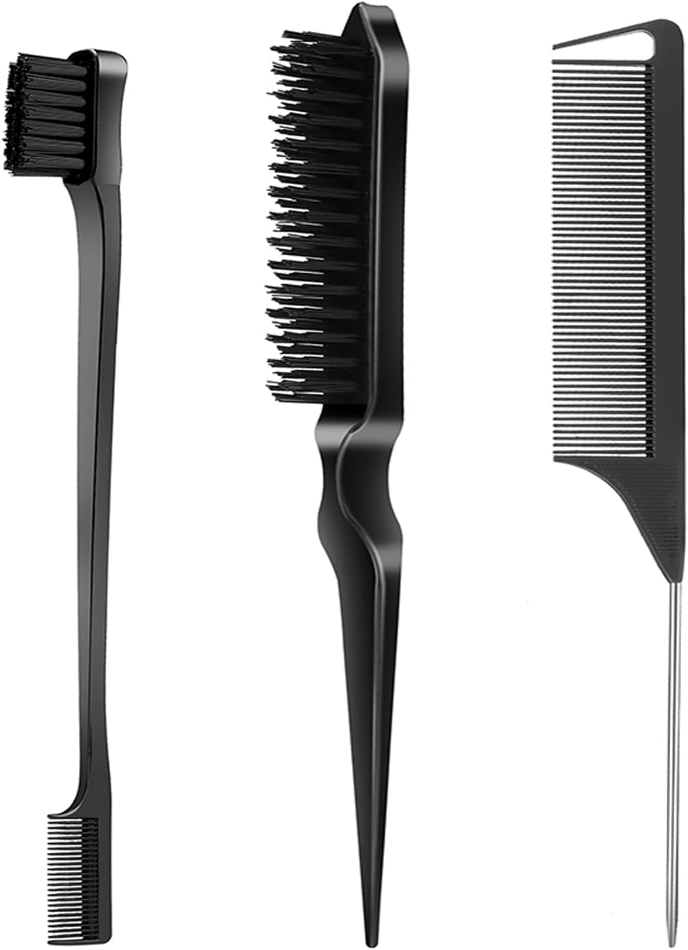 3 Pcs Slick Back Hair Brush Set with Edge Brush, Bristle Brush, Rat Tail Comb, Teasing Brush Set for Smoothing Baby Hair & Flyaways - Black