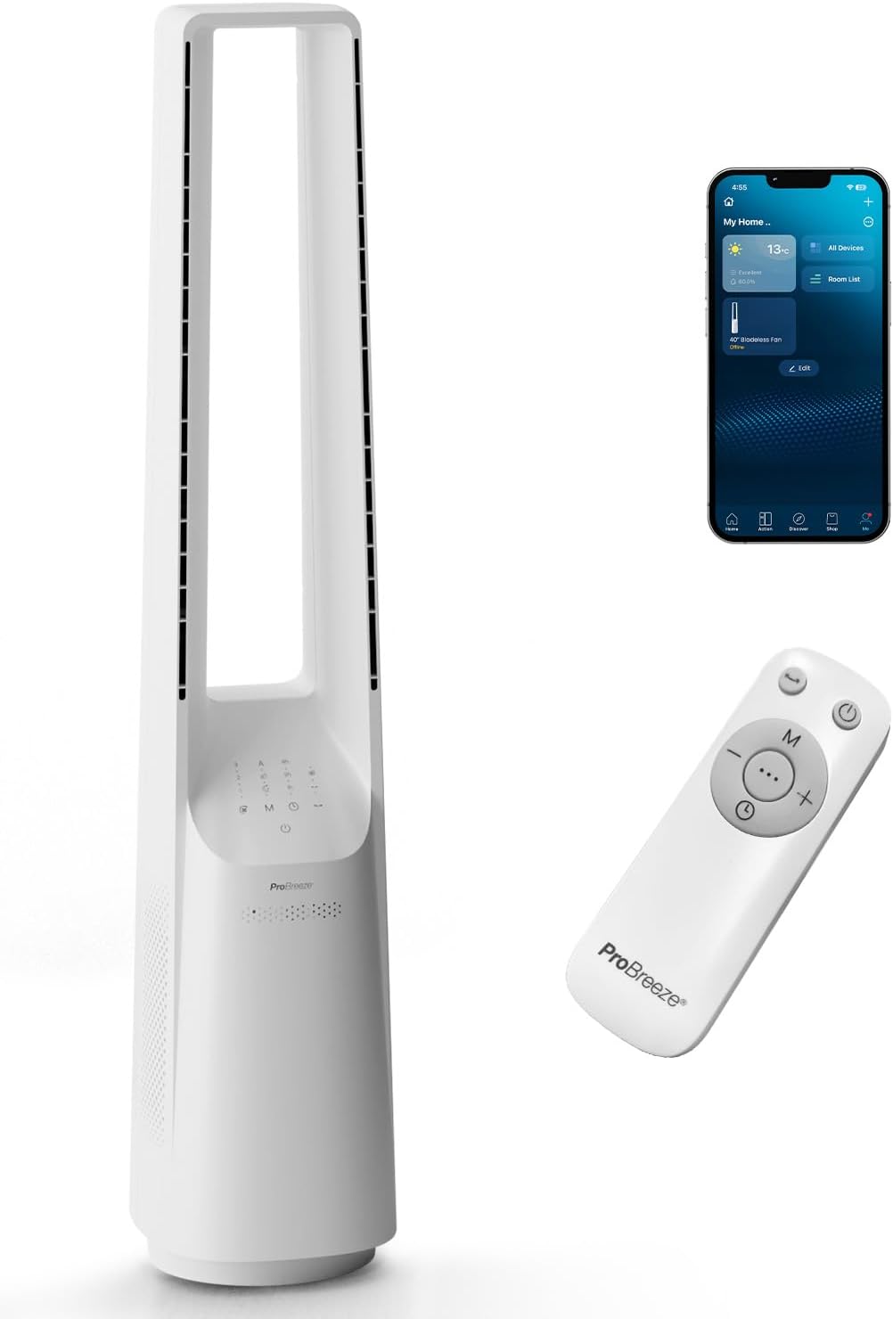 Pro Breeze® WiFi Silent Bladeless Portable Tower Fan - Ultra Quiet Standing Air Circulator with Remote Control, Timer, 10 Speeds & LED Display, Smart App