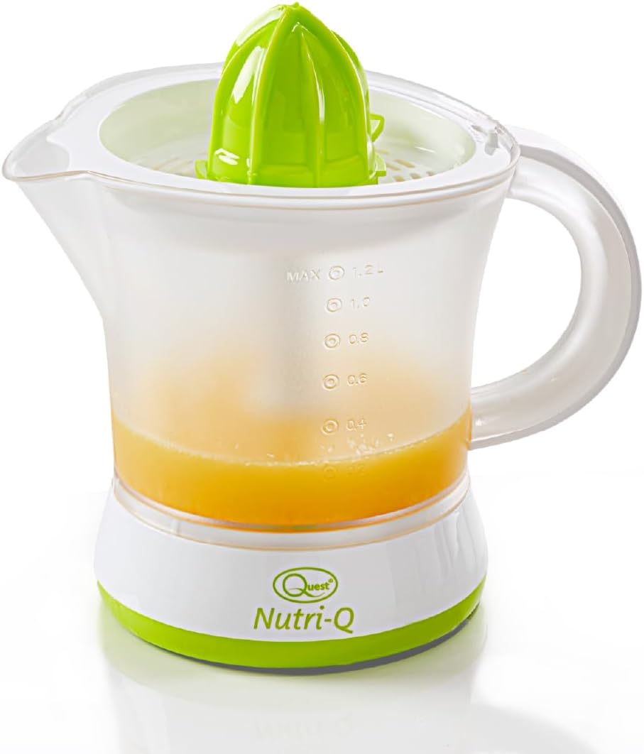 Quest Nutri-Q 34210 Quick Press Electric Citrus Juicer / 2 Different Cone Sizes / 1.2L Jug/Adjustable Pulp Strainer/Dual Direction Juicing/Low Noise/Dishwasher Safe Parts