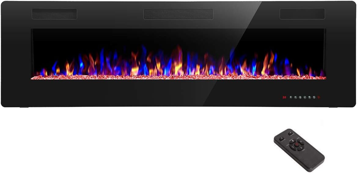 R.W.FLAME 60" Recessed and Wall Mounted Electric Fireplace, Low Noise, Fit for 2 x 6 Stud, Remote Control with Timer, Touch Screen, Adjustable Flame Color and Speed, 750-1500W