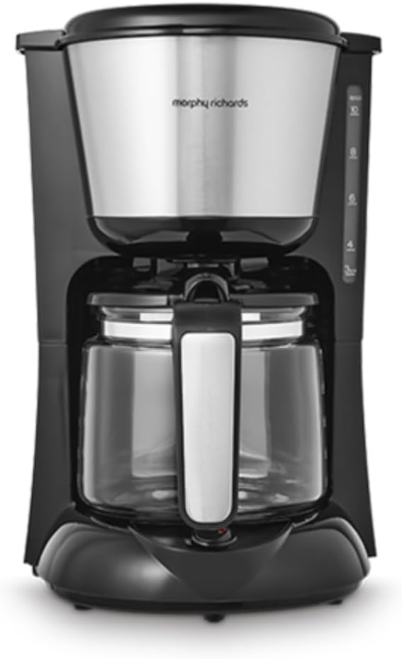 Morphy Richards Equip Filter Coffee Machine, Coffee Maker for Instant Coffee, Pour Over Technology, 10 Cup, Anti Drip, Reusable Filter, Keep Warm, Aroma Blender, Black/Brushed Steel, 162501