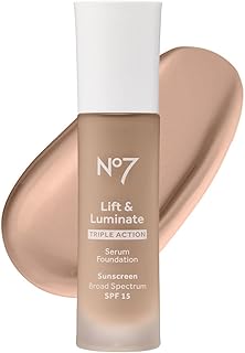No7 Lift & Luminate Triple Action Serum Foundation - Liquid Foundation Makeup with SPF 15 for a Dewy, Glowy Base - Radiant Serum Foundation for Mature Skin - Cool Vanilla (1 Fl Oz)