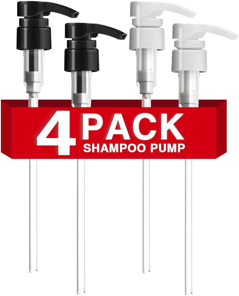 4-Pack Shampoo Pump for Liter 33.8 oz Shampoo and Conditioner Pump Dispenser Fits Most Salon Bottles with 1-inch Wide Opening, Black & White Replacement Pump Top for Soft Hair Product,Body Wash,Lotion