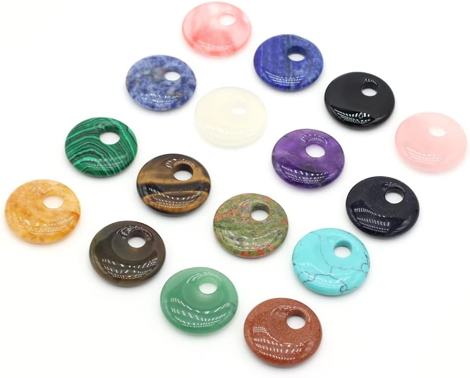 LHJ Natural Stone Pendants Eccentric Hole Ring Shape Mixed Stone Bead Pendant Charms Agate Crystal Stone for Jewelry Making Necklace Key Pendant