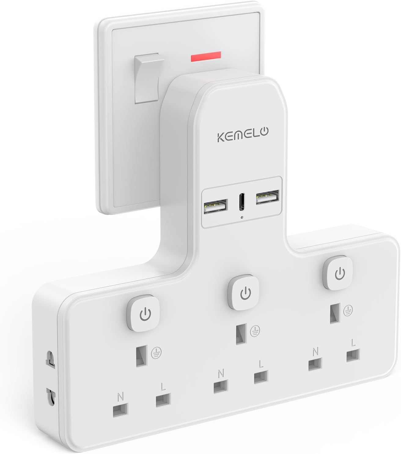 Multi Plug Adapter (3250W/13A), Plug Extension Socket with 3 USB, 3 Way Plug Adapter UK Built-in with Independent Switches,Wall Plug Extender for School Home, Kitchen, Office