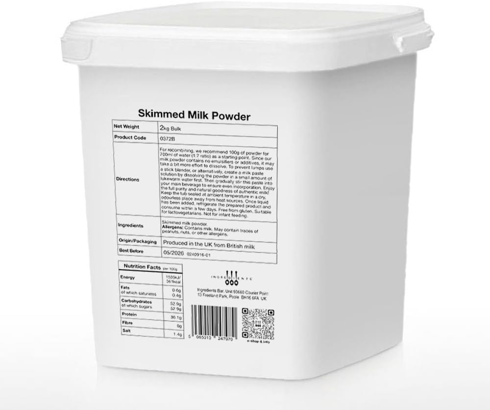 IB Dried Skimmed Milk Powder 2kg Bulk | Premium British Dairy | Creamy Texture | No Additives or Emulsifiers | 100% Pure, Finely Powdered