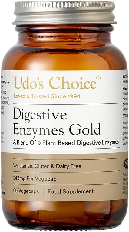 Digestive Enzymes Supplement – UDO’s Choice Enzymes Gold – 9 Plant-Based Enzymes for Protein, Fat & Carb Digestion – High Strength – Gluten Free, Dairy Free, Vegetarian – 60 Vegecaps – One a Day