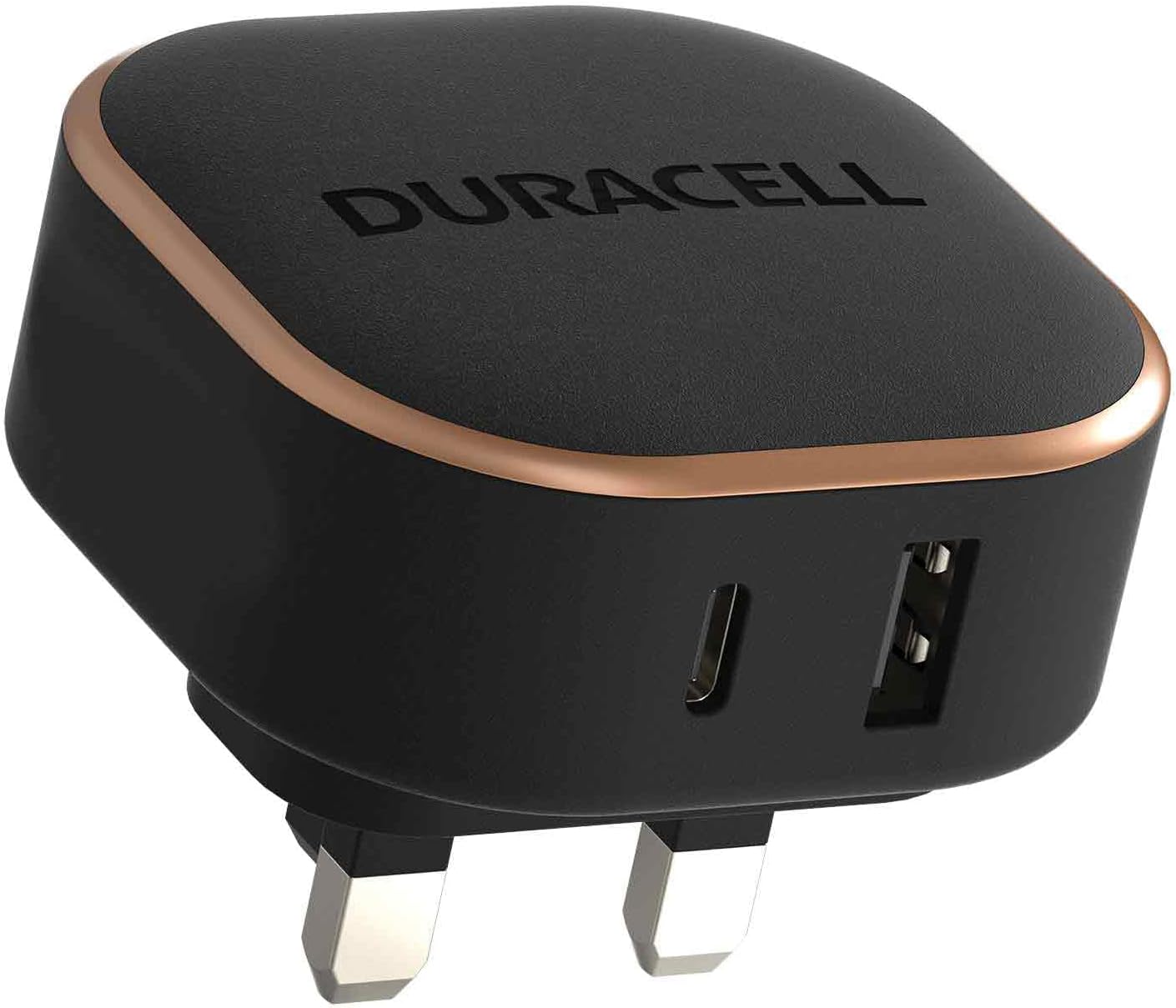 Duracell Black 30W Dual Fast USB-C + USB-A PPS Compact Wall Charger Plug - Compatible With Smartphones, Tablets, Powerbanks & More - Flush To Wall Ergonomic Design & Fit