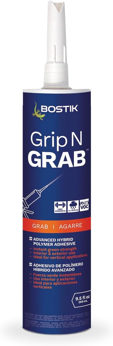 BOSTIK Grip n Grab 9.5oz Instant Grab Premium Heavy Duty Adhesive Glue | Professional Grade | Internal External Waterproof Low Odor Fast Cure | Wood Concrete Drywall Metal & More | 1 Cartridge