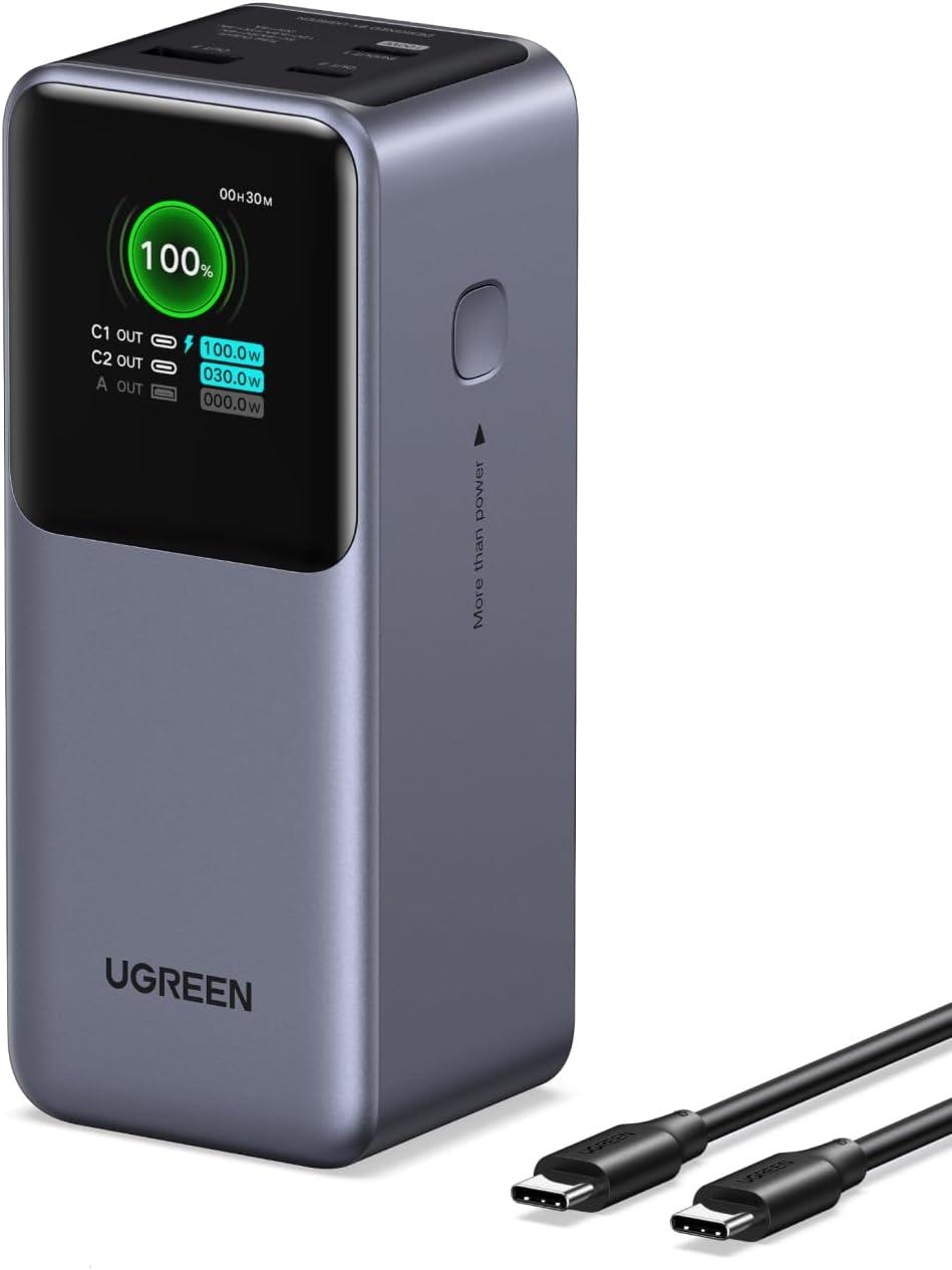 UGREEN Nexode Power Bank 20000mAh 130W Fast Charging, 3-Port USB C Portable Charger, Smart Digital Display Battery Pack Compatible with Dell, HP, ASUS, iPad Pro, iPhone 16, Galaxy S24, AirPods, etc