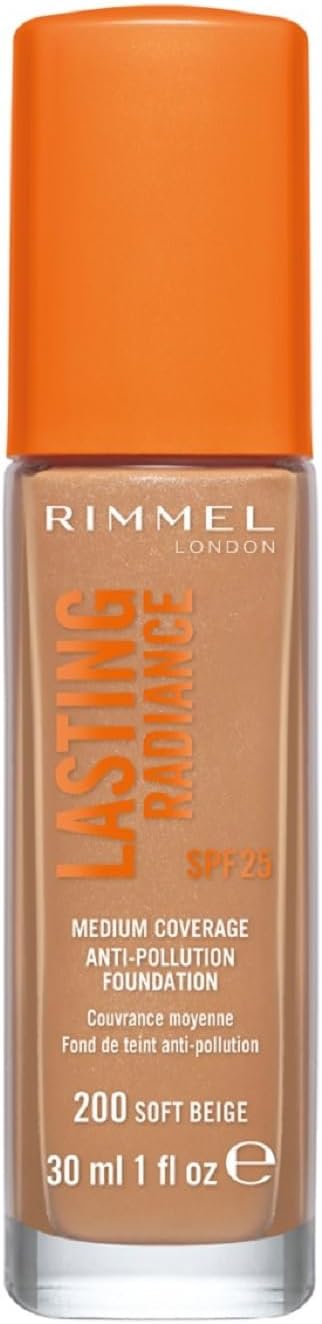 Rimmel Lasting Radiance Medium Coverage Anti Pollution Foundation, SPF 25, 200 Soft Beige (Wake Me Up Foundation Improved Formula), 30 ml (Pack of 1)