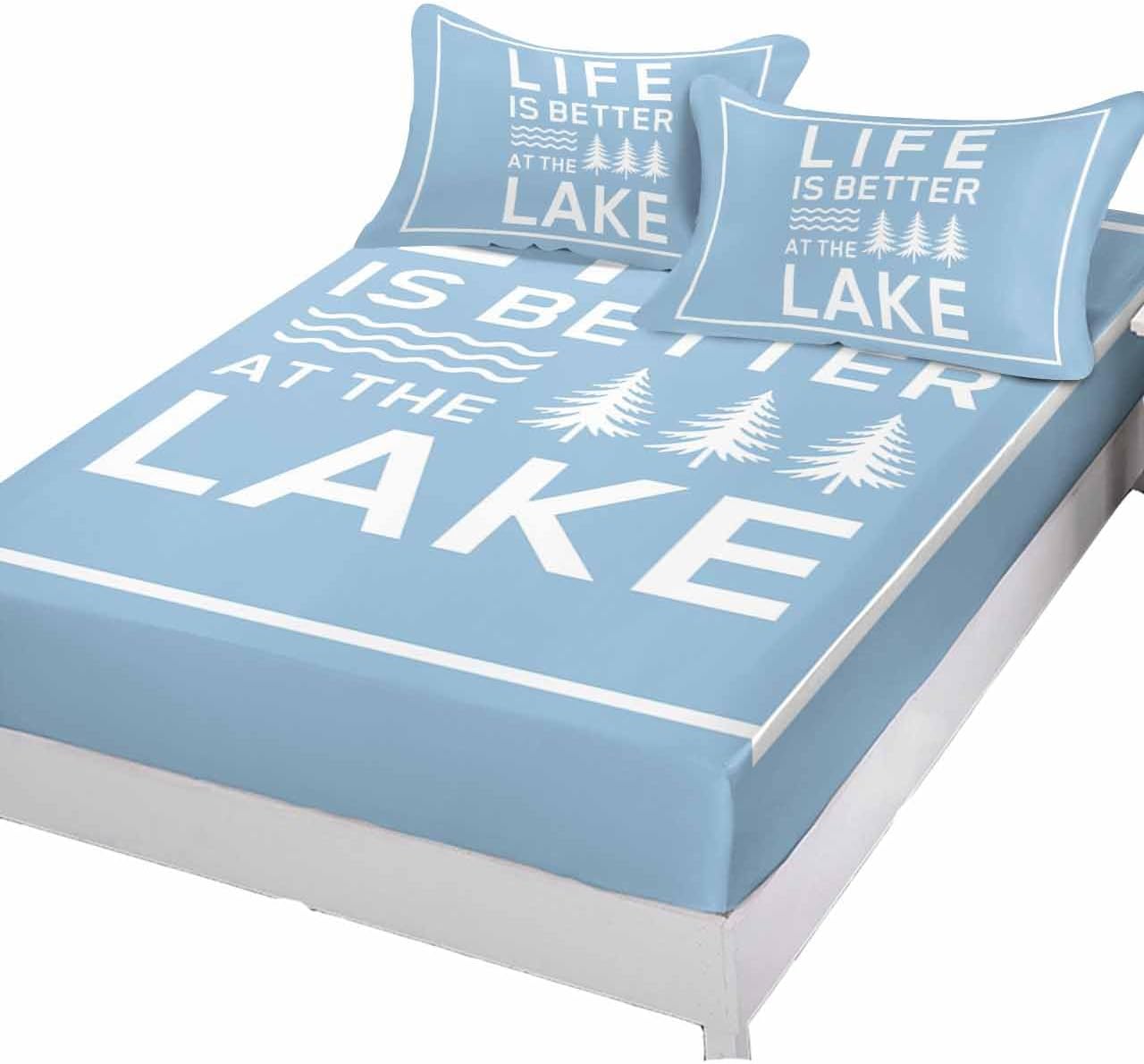 Fitted Sheets Elastic Deep Pocket Bed Sheet Cal King, Enjoy Life Healing Quotes on Blue Soft Bed Sheets Set,Nature Tree Lake Mattress Cover Up Hotel Luxury Fitted Sheet Pillowcase for Bedroom
