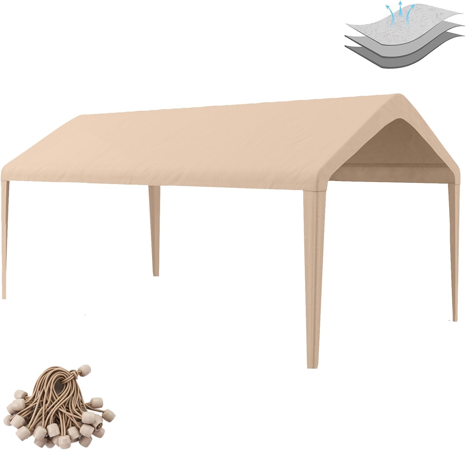 Carport Replacement Canopy Cover 10'x20' for Tent Top Garage Shelter Cover with Ball Bungees, 800D Oxford Replacement Cover Waterproof & UV Protection, Not Included Frame (Light Brown)