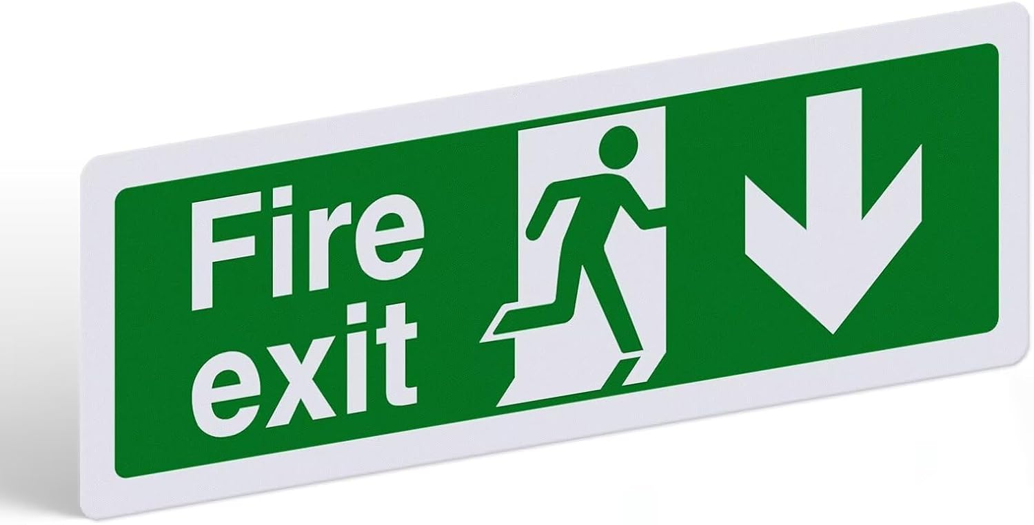 Fire Exit Sign Arrow Down - 1mm PVC Rigid Plastic with Self-Adhesive Backing - Landscape - 300mm x 100mm