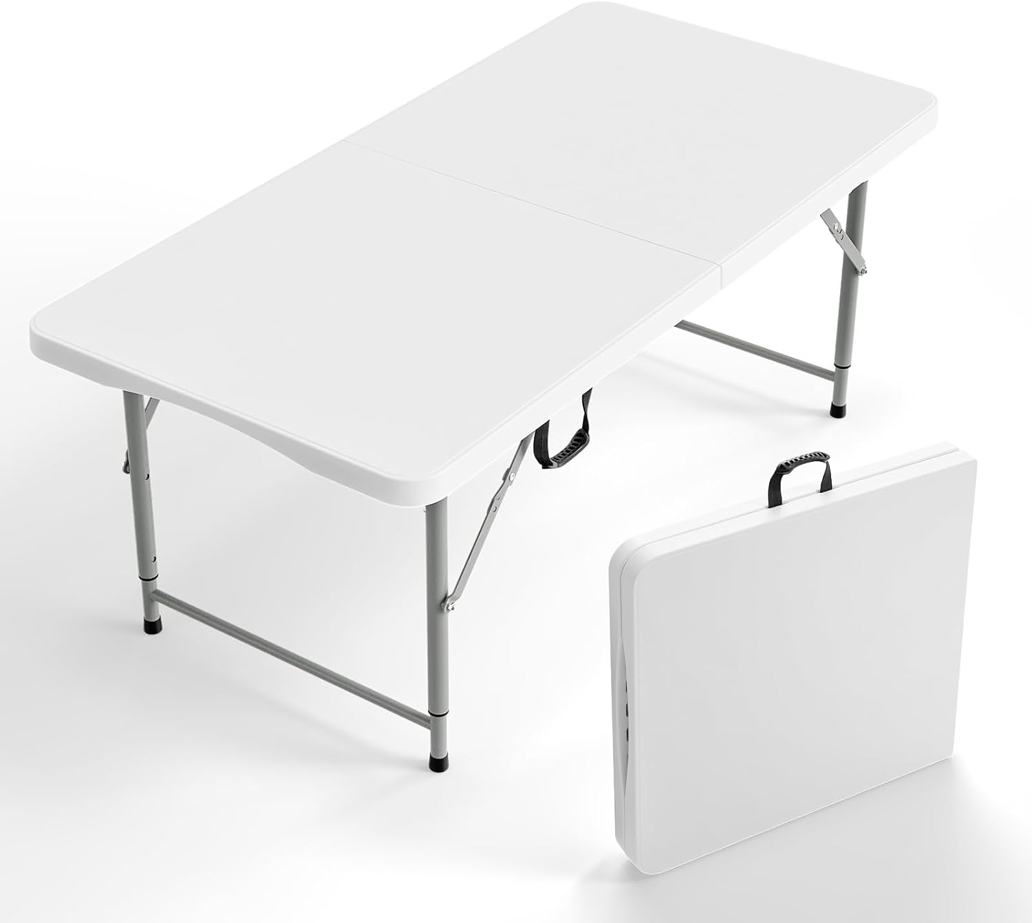 VINGLI 4 FT Plastic Folding Camping Table,3-Level Adjustable Height, Portable in/Outdoor Party Picnic Dining Desk, Garden Soccer Multipurpose Entertaining Activities,White
