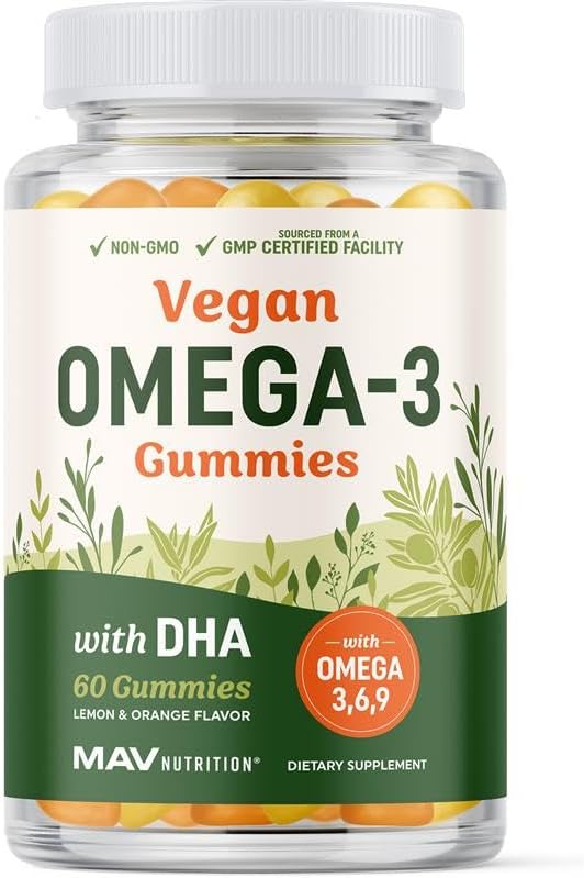 Omega 3 6 9 + DHA Gummies | Plant-Based Triple Omegas from Algae & Chia Seed Oil | with 50mg of DHA | Vegetarian, Non-GMO, Gluten-Free, Essential Fatty Acid Supplements for Adults | 60 Gummies