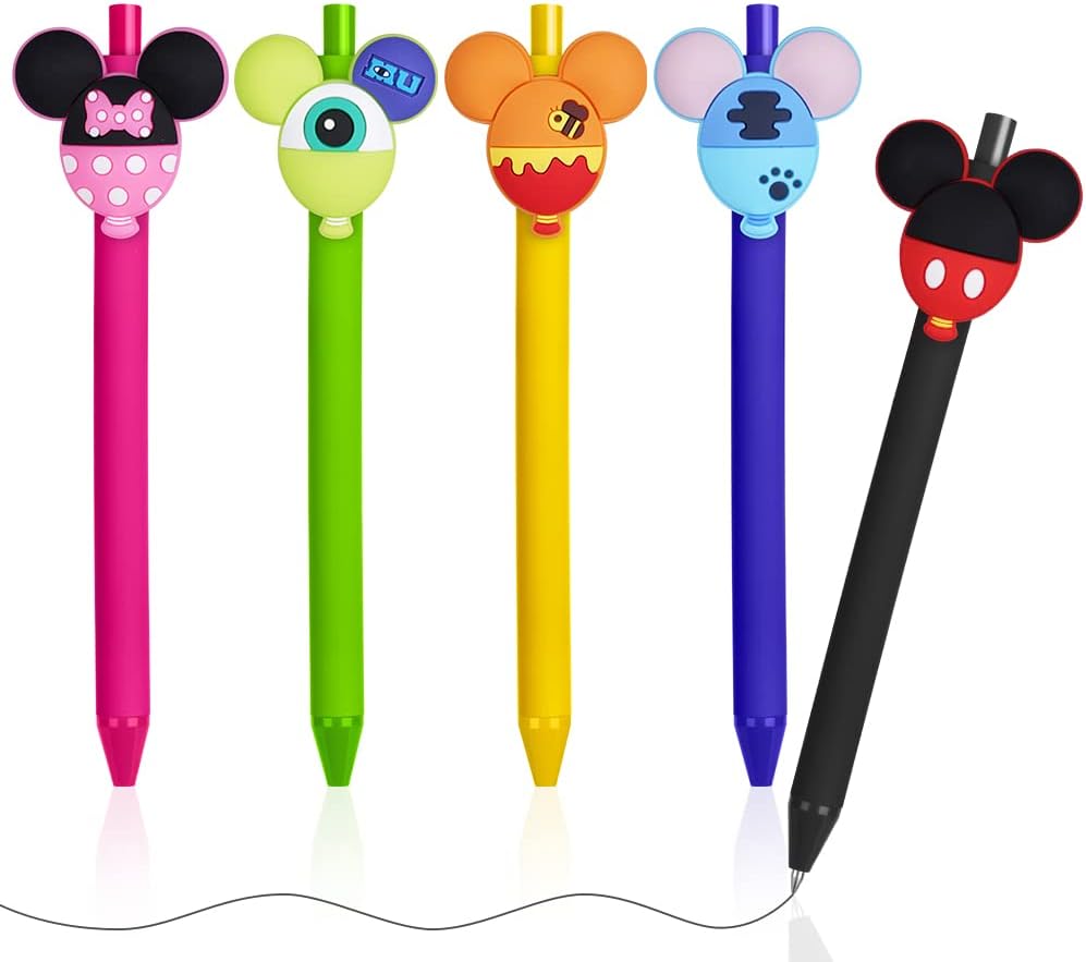 AUAUY 5PCS Cartoon Ballpoint Pens, Cute Mouse Head Character Ears Pens, Retractable Ballpoint Pen, Multi Color Jumbo Autograph Princess Pen Gifts Signature Office Accessories for Teacher Student