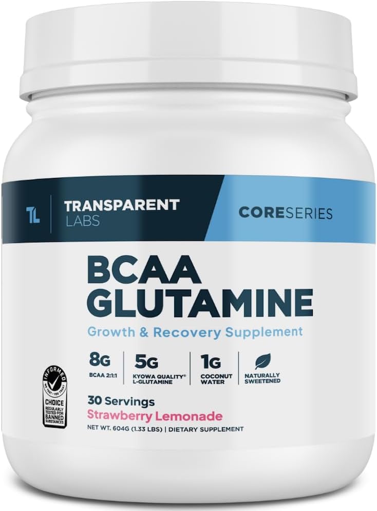 Transparent Labs BCAA Glutamine - 8000 Mg of BCAA Powder with L Glutamine for Post Workout Recovery, Muscle Growth, & Increased Endurance - 30 Servings, Strawberry Lemonade