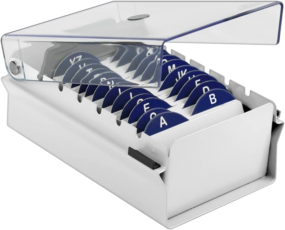 Acrimet Index Business Card Size File Holder Organizer Box Metal Base Heavy Duty (AZ Index Cards and Divider Included) (White Color with Clear Crystal Plastic Lid Cover)