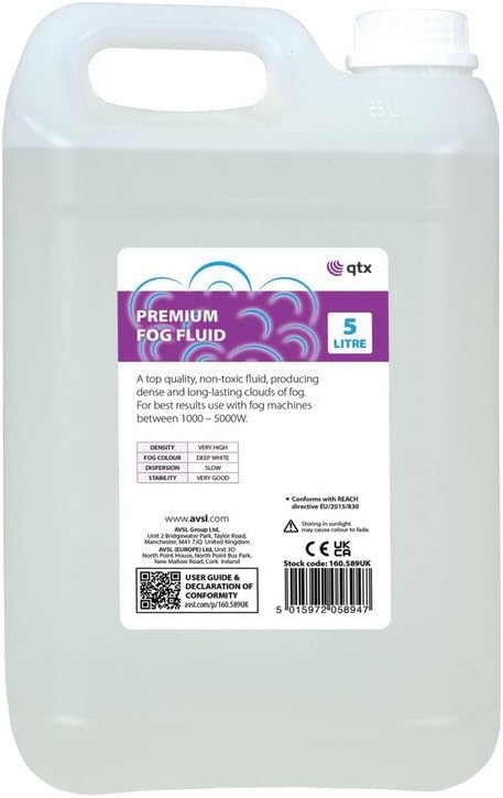 QTX High-Density Fog Machine Fluid | 5L Long-Lasting Smoke Liquid for Fog & Haze Machines | Non-Toxic, Residue-Free | Deep White Smoke Effect for DJ, Halloween, Parties & Film | 1000-5000W Machines