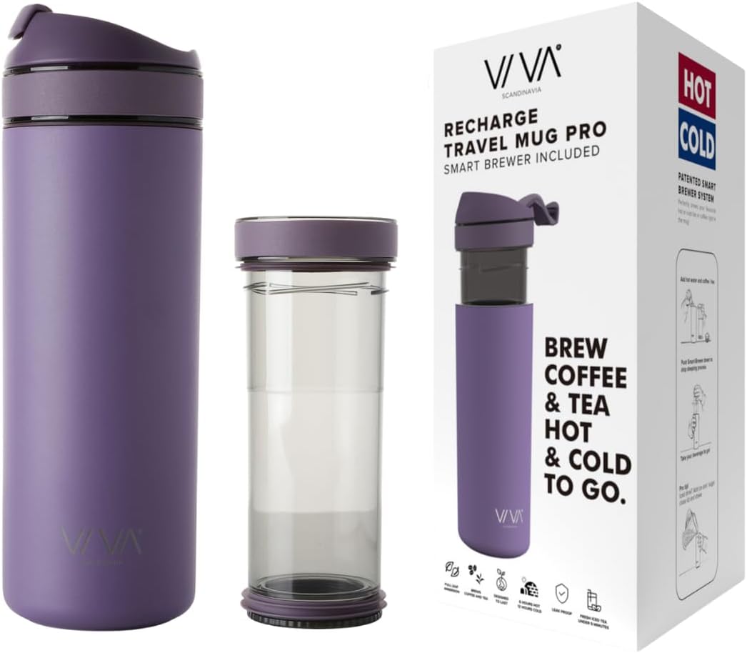 VIVA Recharge Purple Insulated Tea & Coffee Mug & Travel French Press Coffee Maker, 16 oz, Brew & Drink From the Same Mug On the Go or Camping