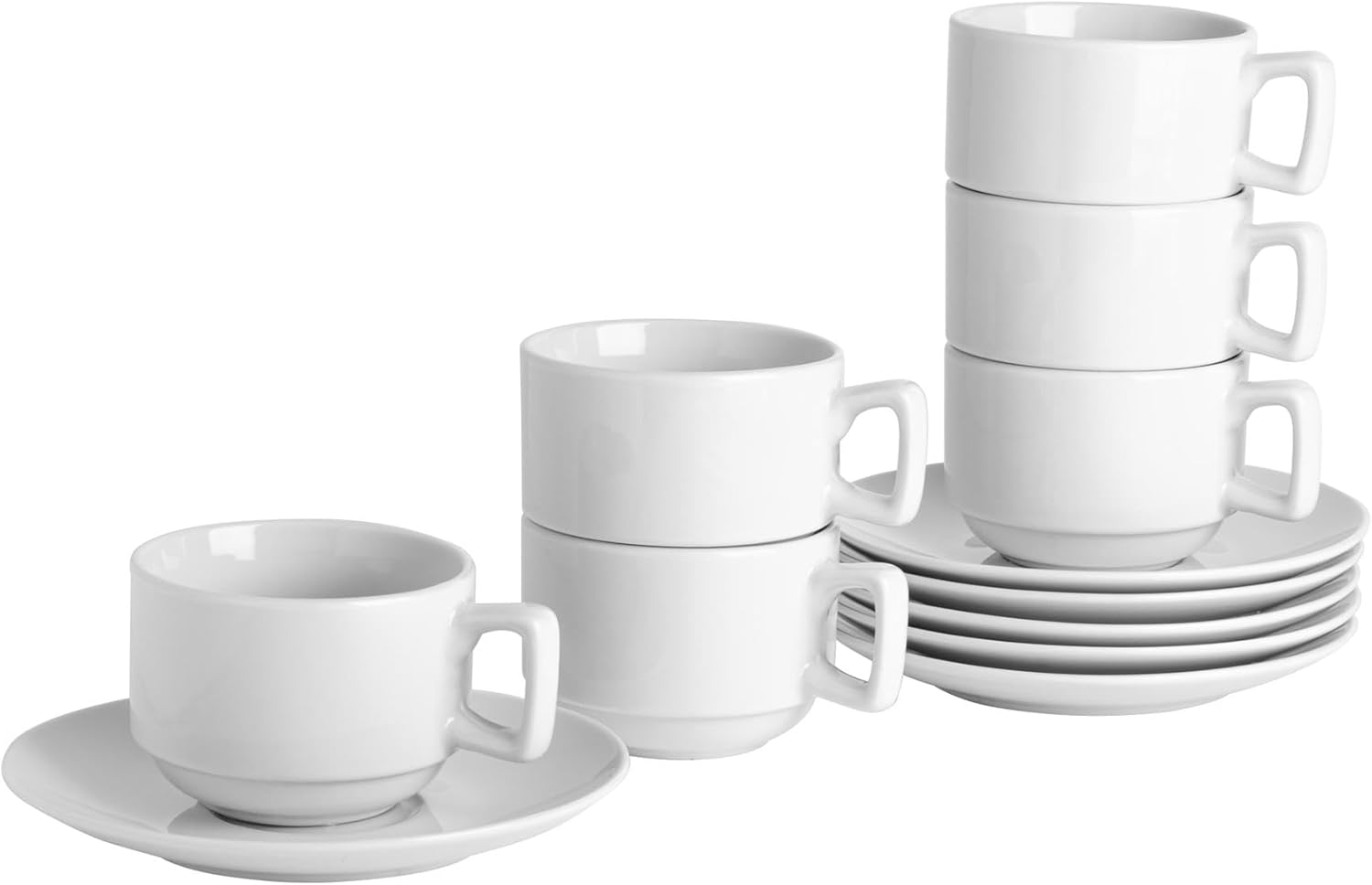 Argon Tableware White Stacking Cup/Saucer Set - 200ml (7oz) - 6 Cups & 6 Saucers