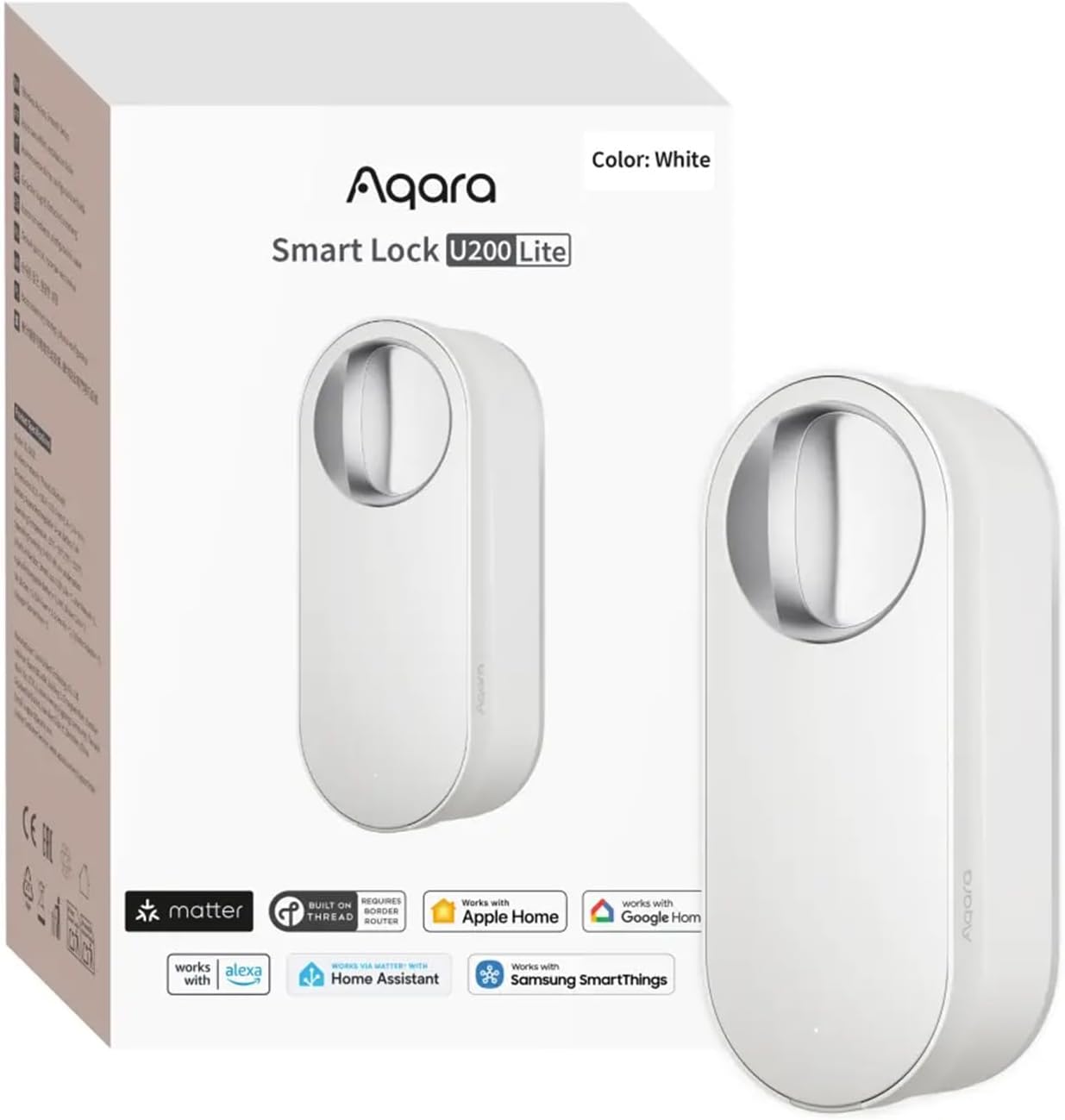 Aqara Smart Lock U200 Lite, Matter Over Thread, Quiet Mode, Auto Lock, Remote Access, Rechargeable Battery, Fits Euro Profile Cylinder, Supports Homekit, Alexa, Google Home, Home Assistant, White