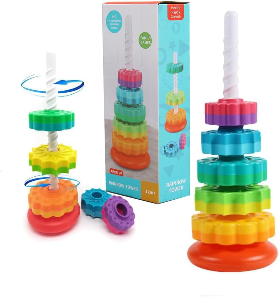 Starnearby Baby Spinning Toy Rainbow Stacking, Sensory Spin Gears Stacking Rings Toy, Ring Stacker Plugging Toys BPA Free, Early Educational Learning 12 Months+ (5pcs)