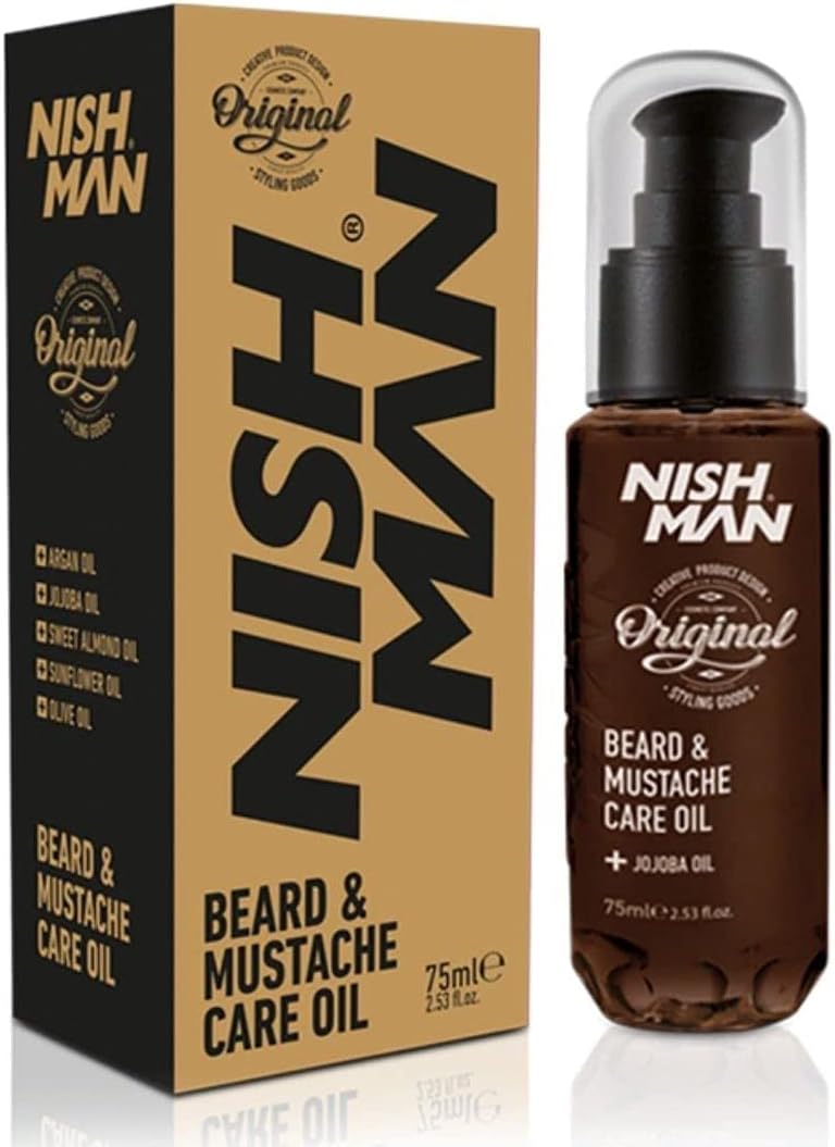 Nishman Beard & Mustache Care Beard Oil for Men, 75 ml - All Natural Argan, Jojoba, Sweet Almond, Olive Oils - Softens, Smooths & Strengthens Growth Easy Comb